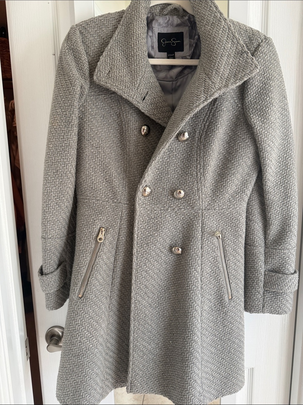 Jessica Simpson Light Gray Textured Double-Breasted Peacoat